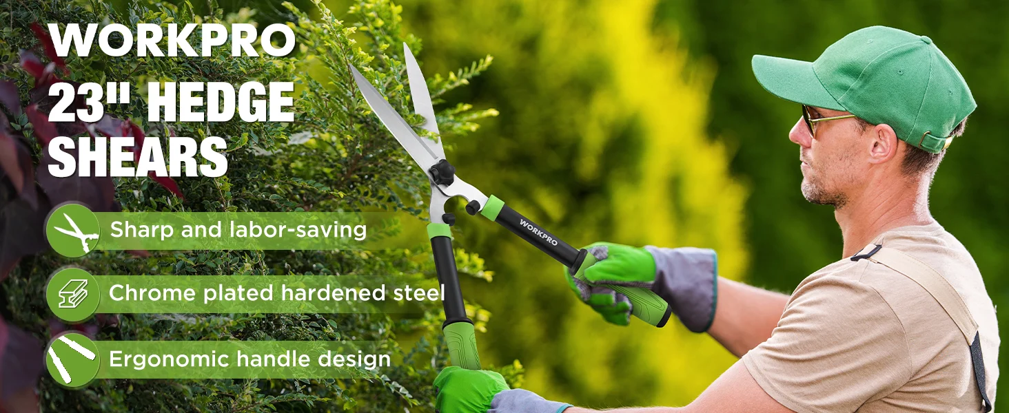 Gardener wearing a green cap uses a hedge shear in a lush garden, with innovation and durable quality