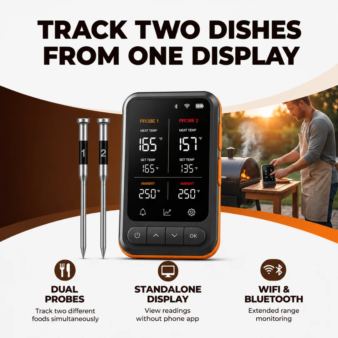 Wireless WiFi Bluetooth Meat Thermometer with Dual Probes Base