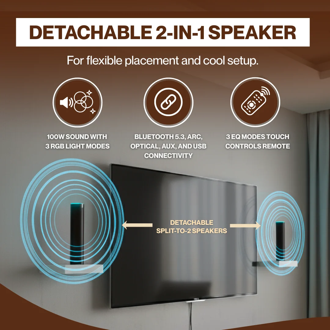 100W Sound Bar for Smart TV with RGB Lights, Bluetooth, Detachable