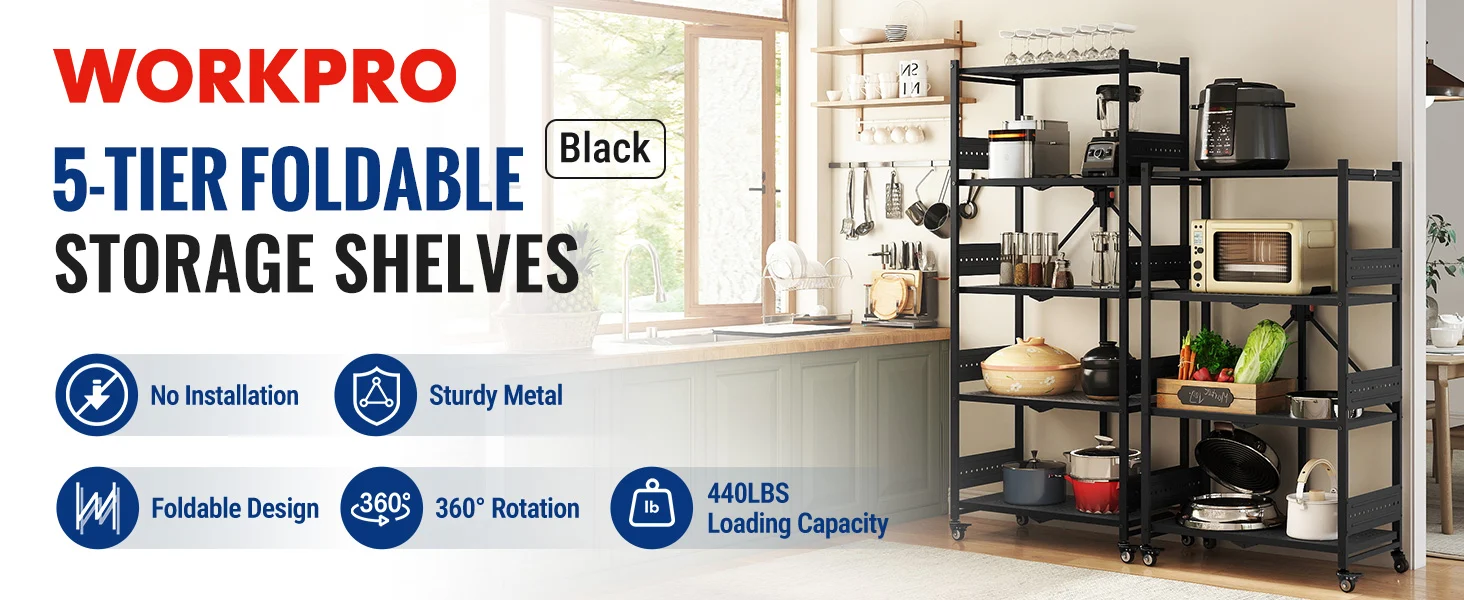 Kitchen storage shelves with black metal frame, cookware, and appliances in a bright room, innovation and quality