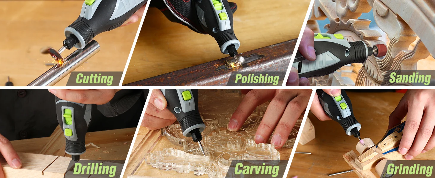 Handheld electric tool cutting, polishing, sanding, drilling, carving, and grinding wood with sparks and green accents