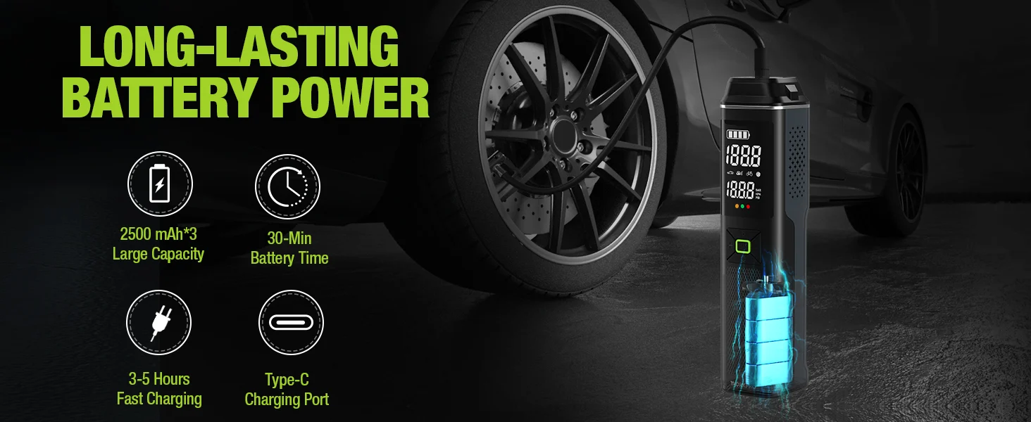Portable battery power pack with digital display and charging icons, shown beside a car wheel on dark background