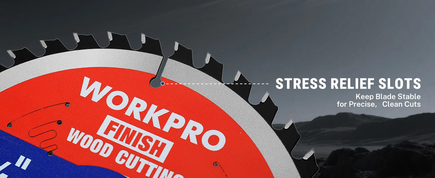 Circular saw blade with red and blue segments, labeled workpro finish wood cutting and stress relief slots