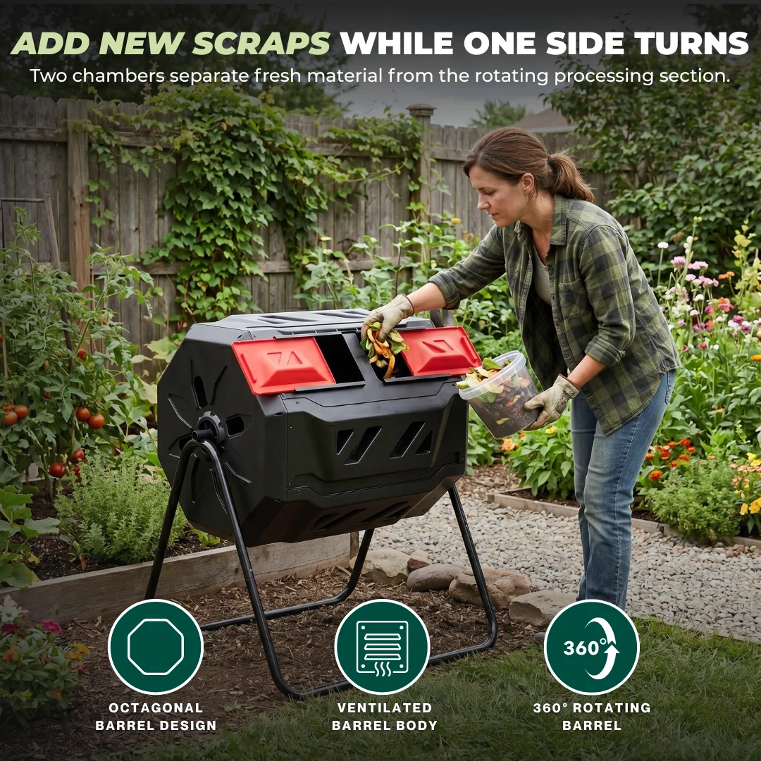 Dual Chamber Compost Bin 160L Rotating Octagonal Compost Tumbler
