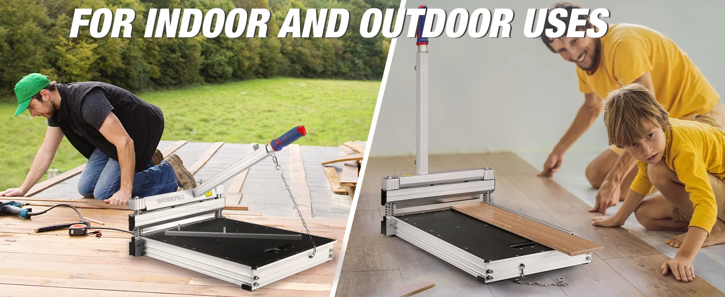 A metal tile cutter on a wooden floor with a child and adult, showing innovation and durable quality