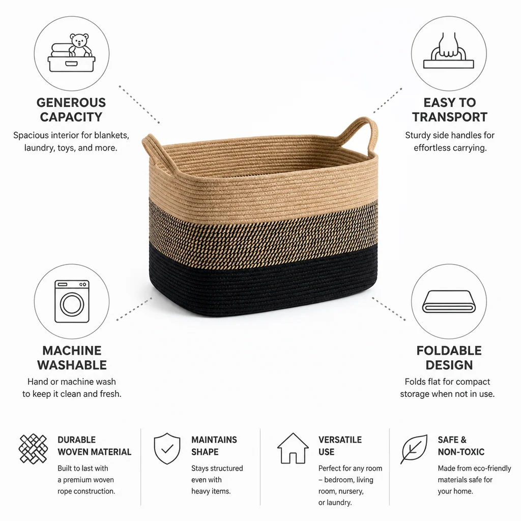 Storage Basket Two-Tone Woven Foldable & Machine Washable - Image 7