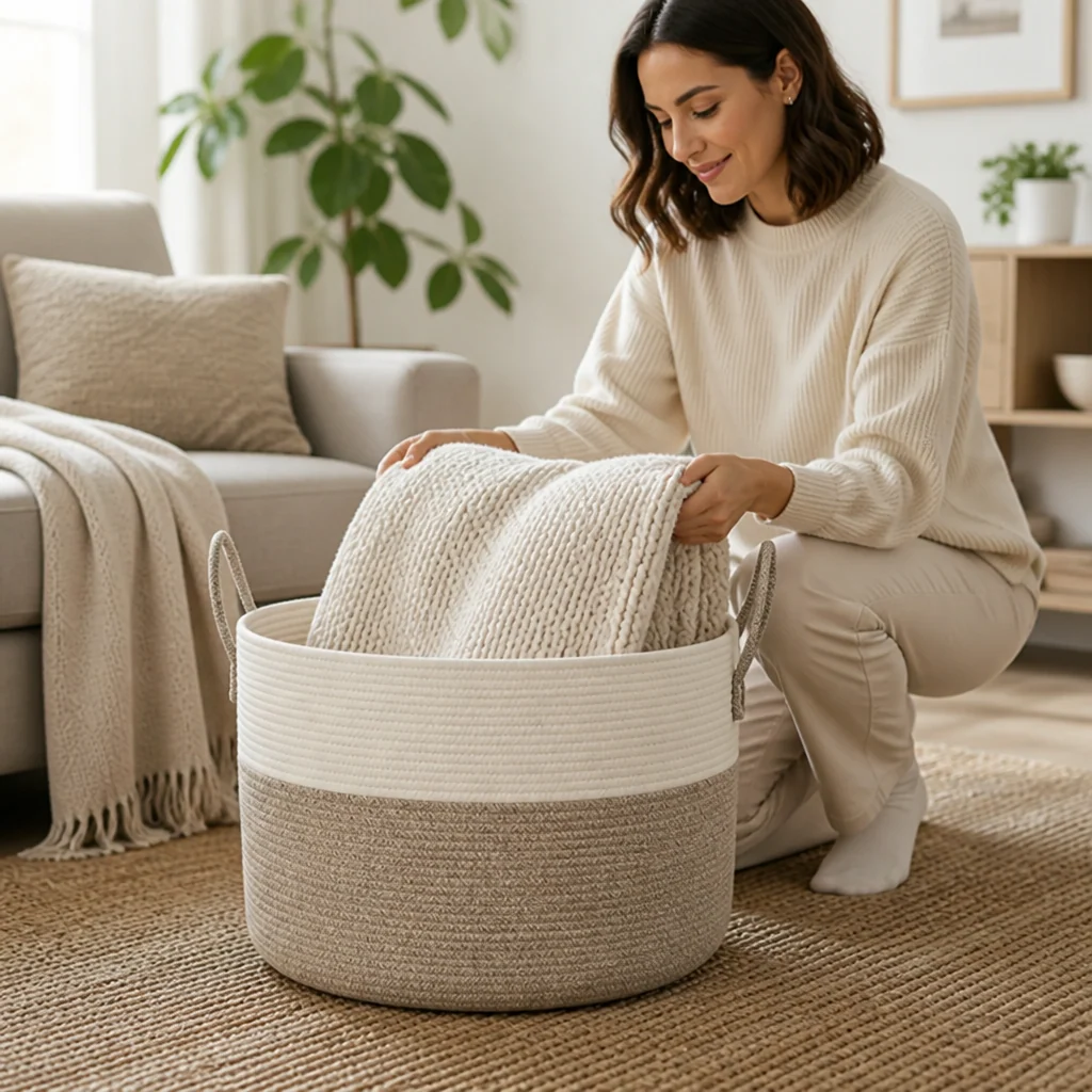 Woven Storage Basket Large Round Two-Tone Built-In Handles - Image 3