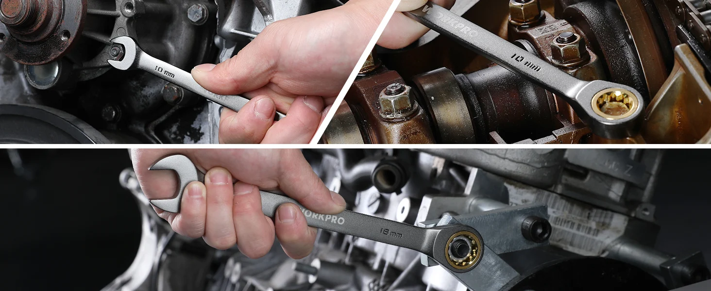 Mechanic uses a 10 mm and 15 mm wrench on an engine, showing innovation, quality, and durable secure work