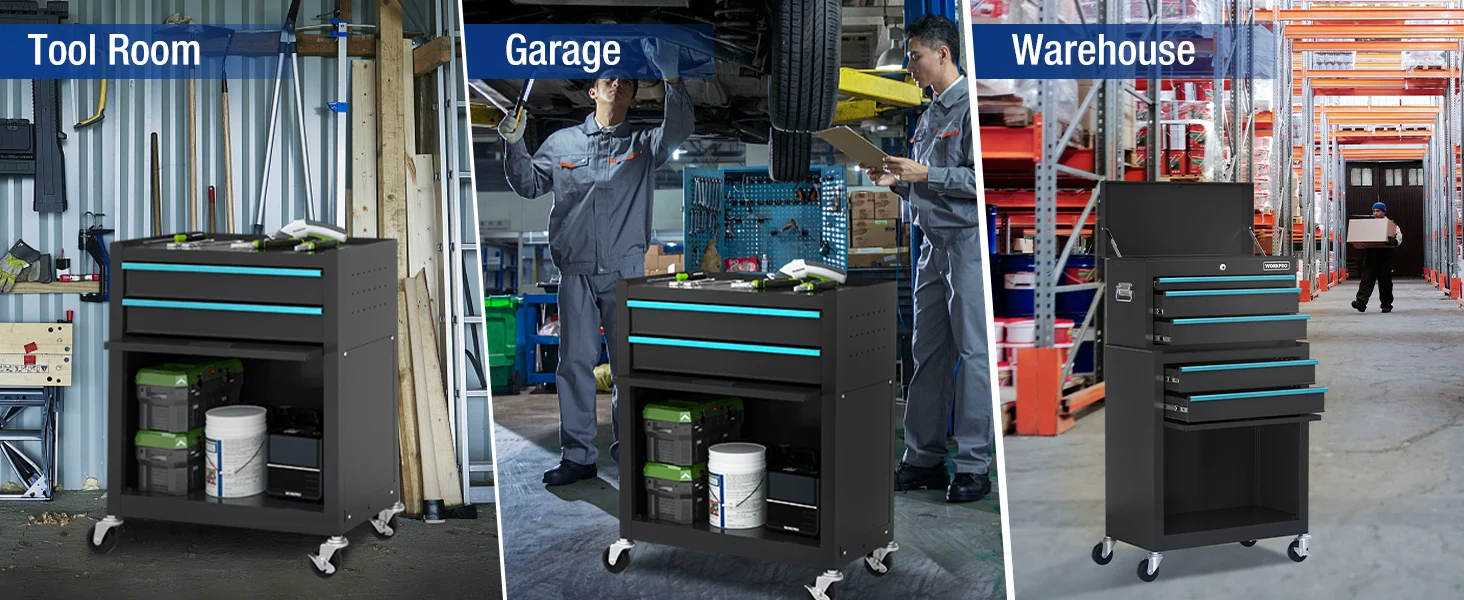 Tool carts in a garage and warehouse, with workers and storage racks, showing innovation and quality
