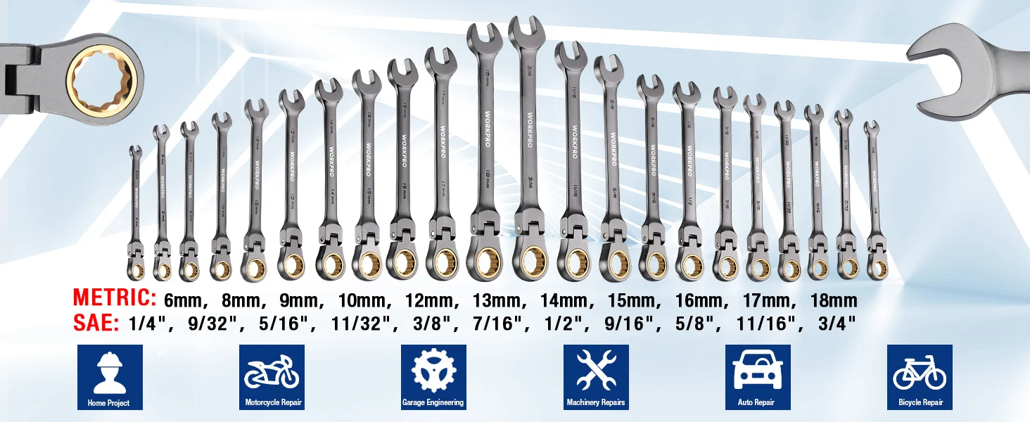 Assorted metric and SAE wrenches with open ends and ring grips, showing innovation and quality in a tool set