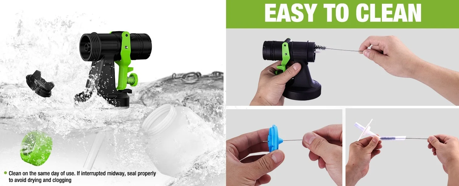 Garden hose connector in black and green shown in use, with water spray, and easy to clean text