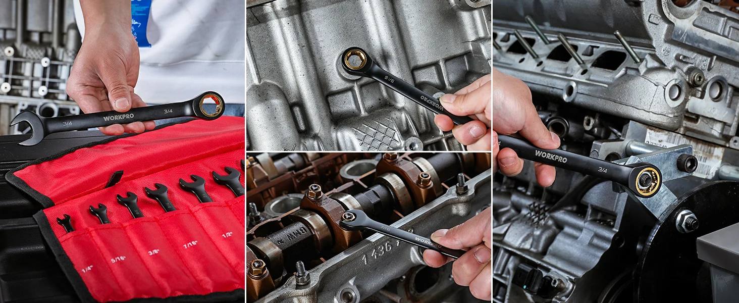 Mechanic uses a WORKPRO wrench set to adjust bolts on a metal engine casing, showing innovation and durable quality