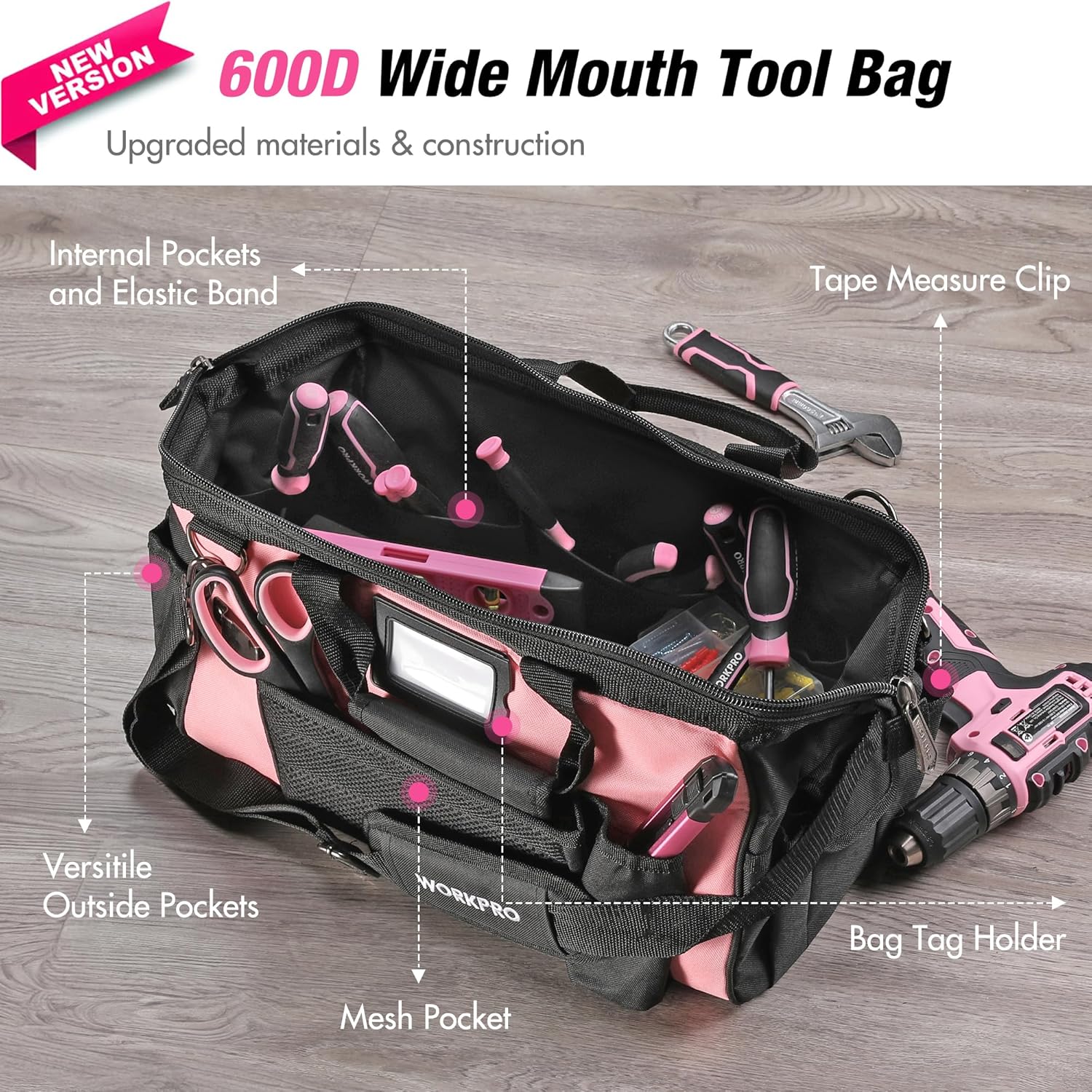 WORKPRO Pink Drill Set with UPGRADED Tool Bag, 157PCS Tool Kit For Home with 20V Cordless Drill Driver, Household Pink Tool Set including Screwdriver, Hammer, Tool Kit for Women and Men - Pink Ribbon - Image 3
