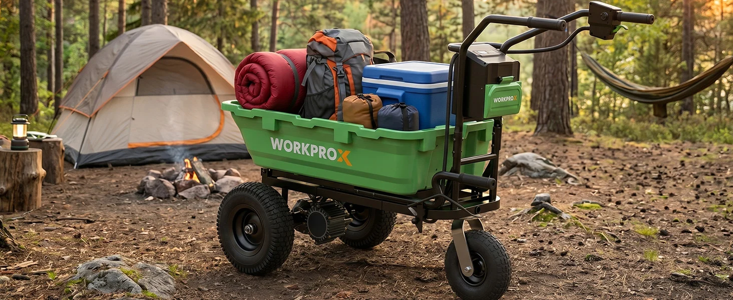 Workprox utility cart in a forest campsite with innovation and quality gear, sturdy wheels, and secure storage