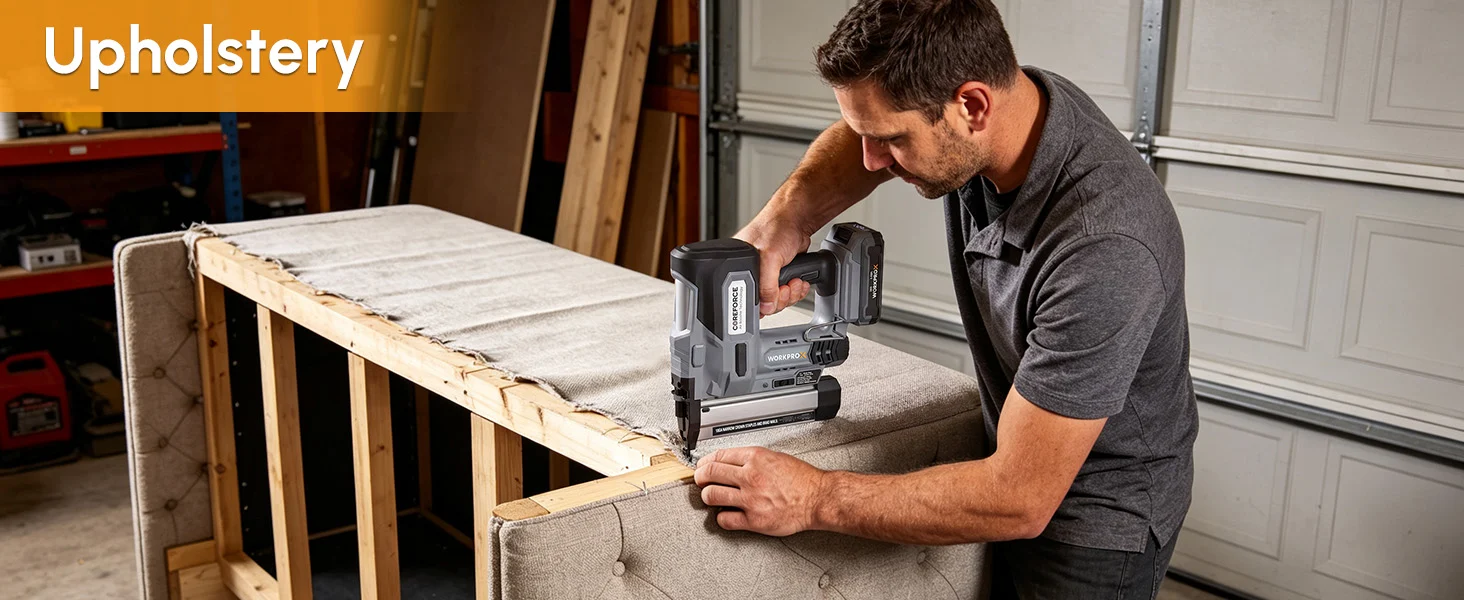Upholstery worker using a staple gun to attach fabric to a wooden sofa frame in a garage workshop