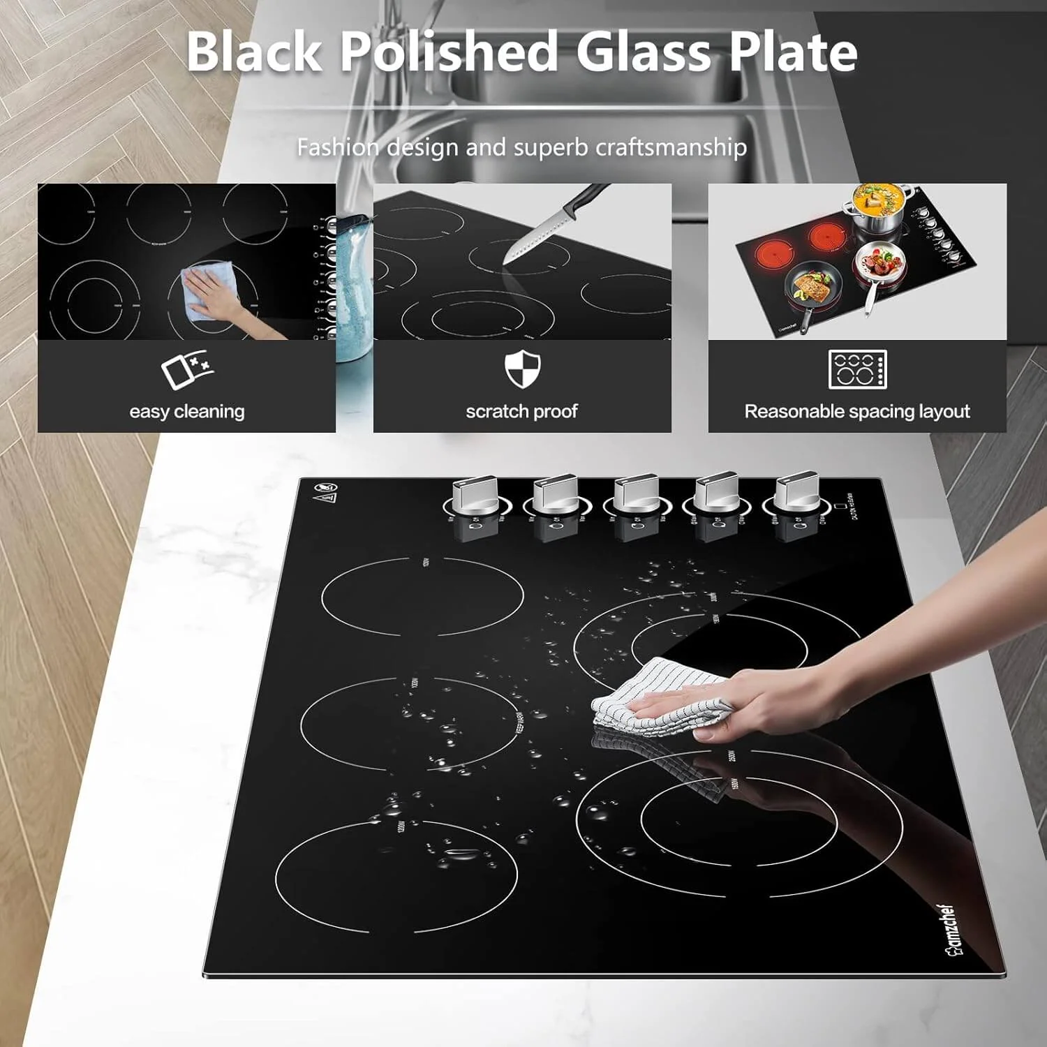 AMZCHEF Electric Cooktop with 5 Burners 8900W Power Control by Knob 4