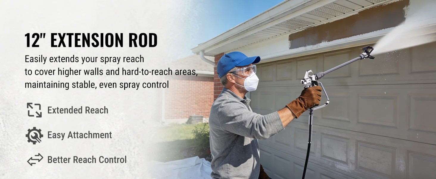 A person wearing a mask uses a spray gun with an extension rod on a garage wall, showing innovation and quality