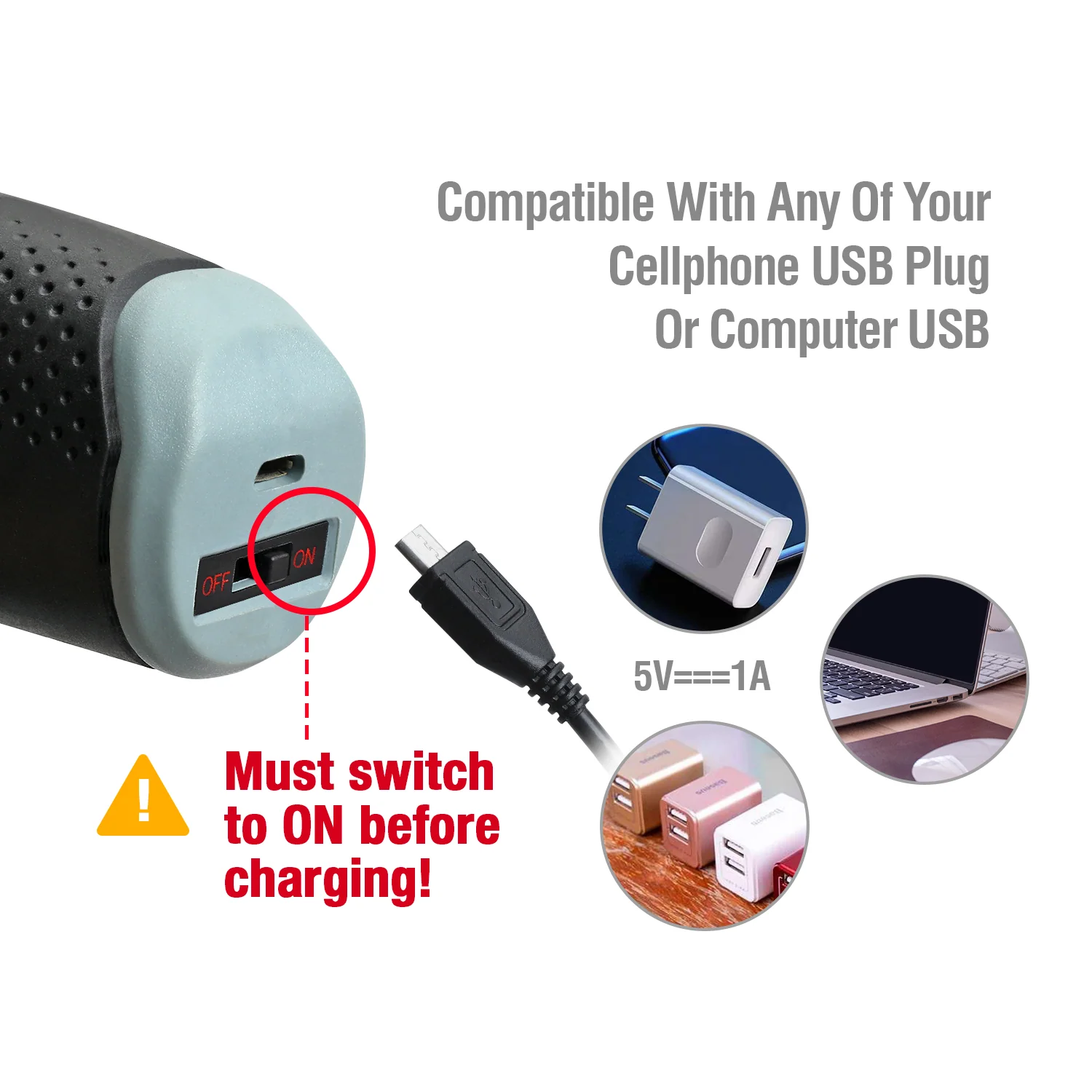 Charging adapter with innovation and quality, showing the on off switch and USB plug with 5V 1A