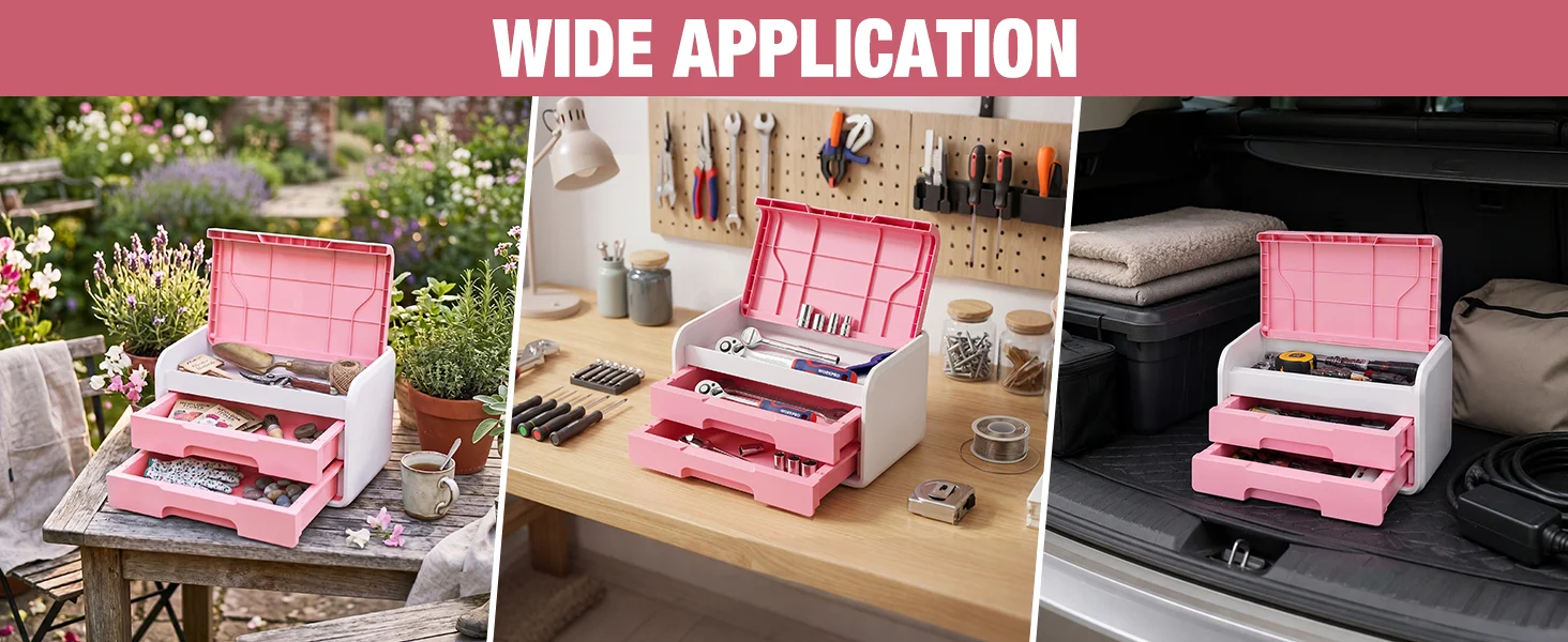 Tool storage case with pink compartments, wide application scenes showing innovation, quality, durable and secure organization