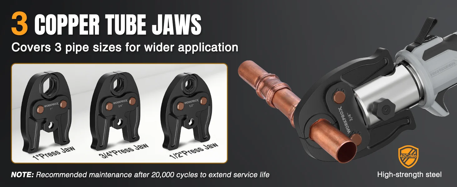 Copper tube jaws set with three sizes and a copper pipe fitting, shown in a tool diagram for secure use