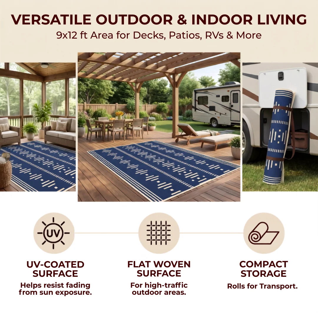 9x12 ft Reversible Polypropylene Outdoor Rug with UV Coating