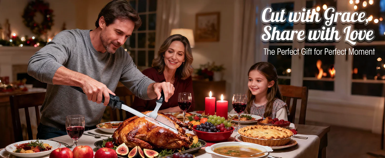 Family dinner with a carved roasted turkey, candles lit on the table, and a child smiling at home