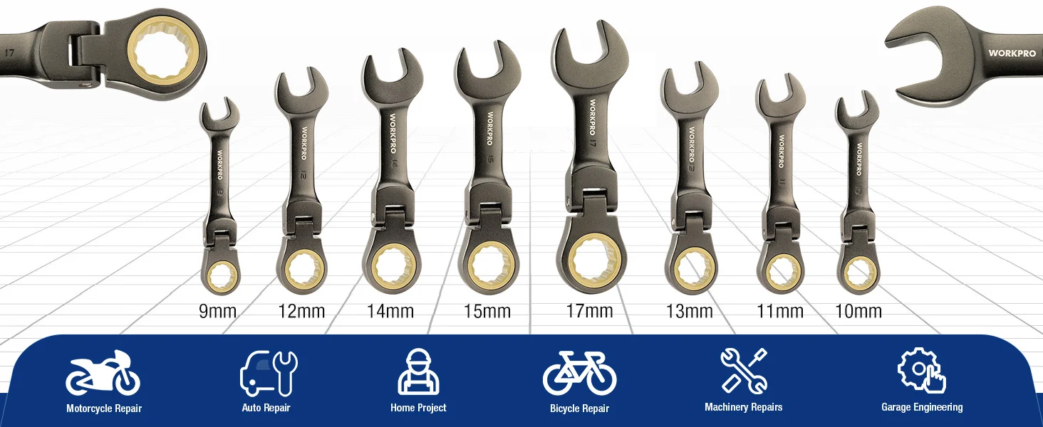 Set of gray open end wrenches on a grid background, with visible sizes 9mm to 17mm and workpro branding