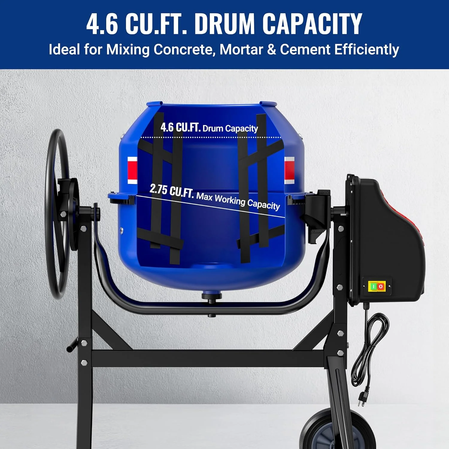 WORKPRO 4.6 Cu.Ft. Electric Cement Mixer, 600W 0.8HP Portable Concrete Mixer with Wheels & Stand Steel for Stucco, Mortar & Seeds - Image 4