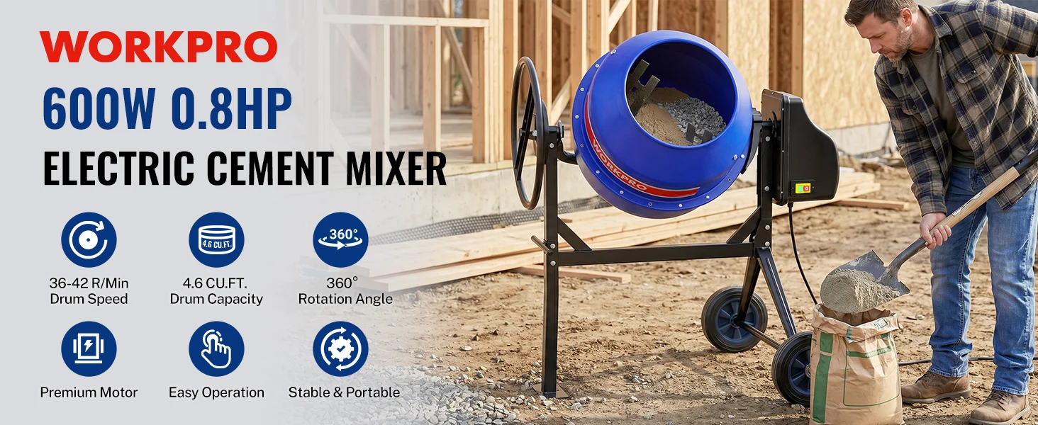 Electric cement mixer on a construction site with a man pouring gray concrete, showing innovation and quality