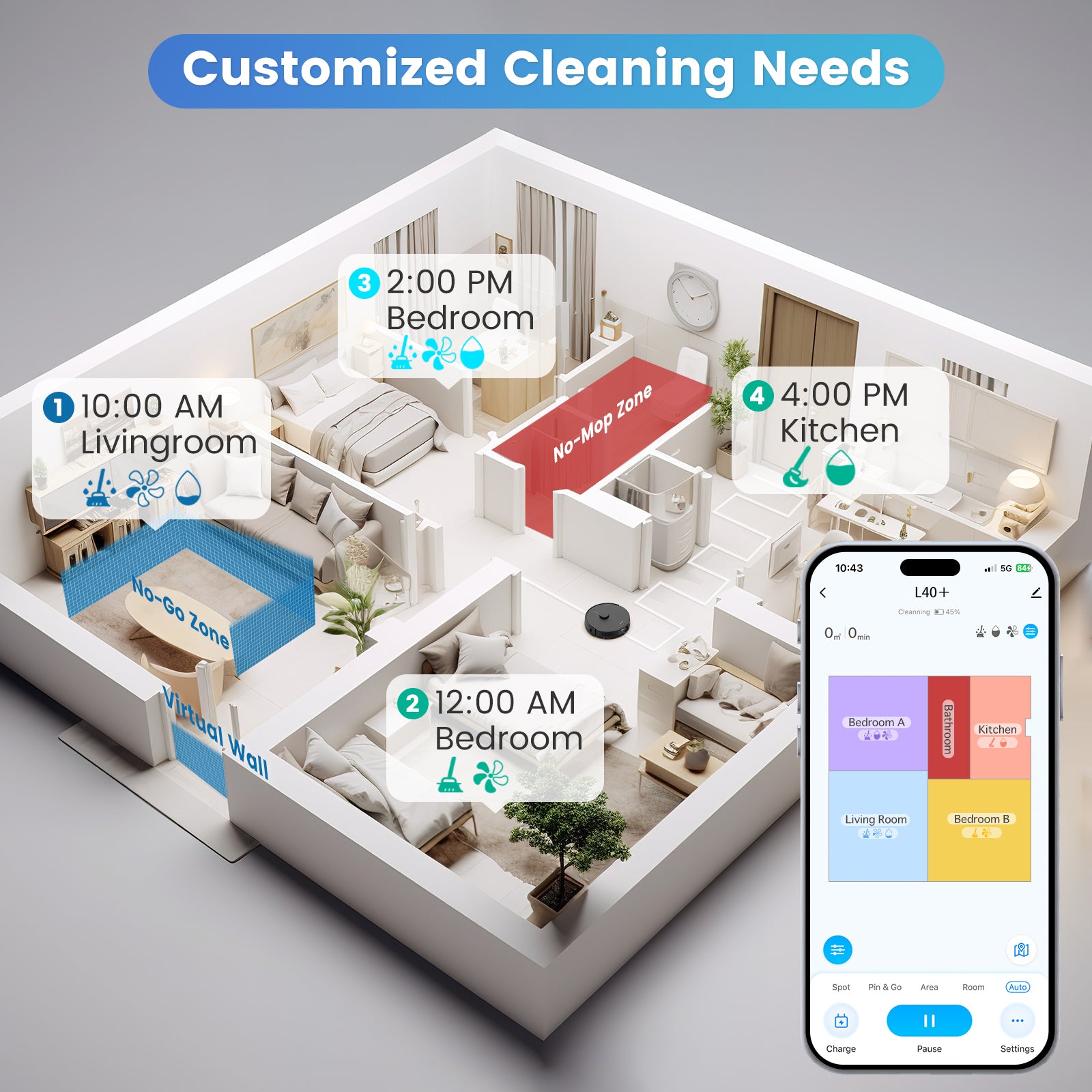AIRROBO L40+ Robot Vacuum Cleaner and Mop Combo – 75-Day Self-Empty Bin, 240 Min Runtime, App and Voice Control