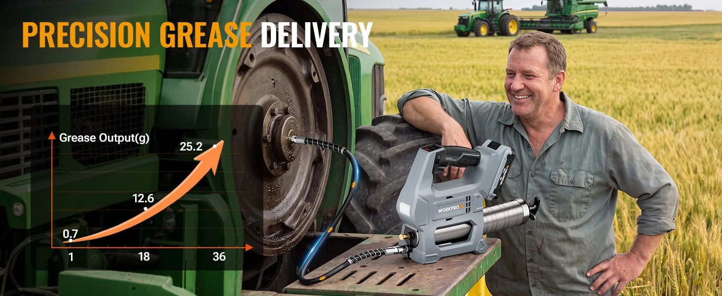 Agricultural worker smiling beside a green tractor with a tool, showing innovation and quality indicators on screen