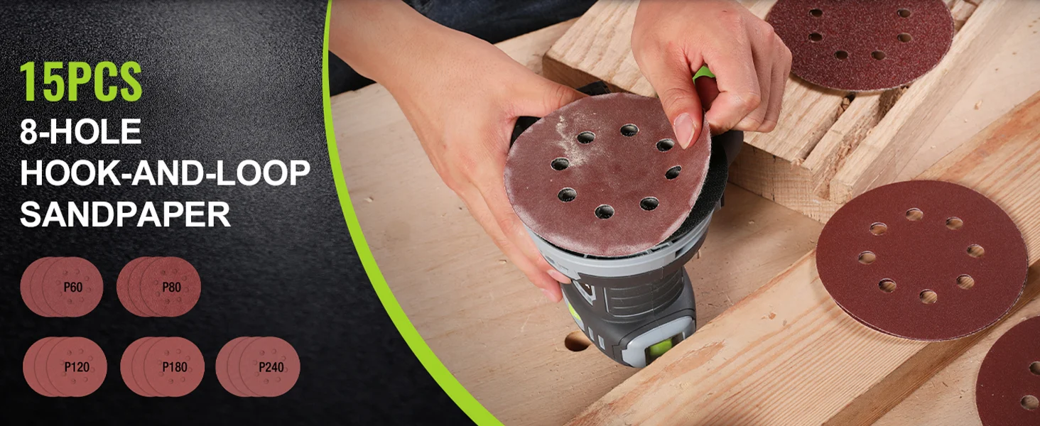 Sanding tool with hook and loop abrasive pads on wood, showing innovation and quality for high-quality finishing