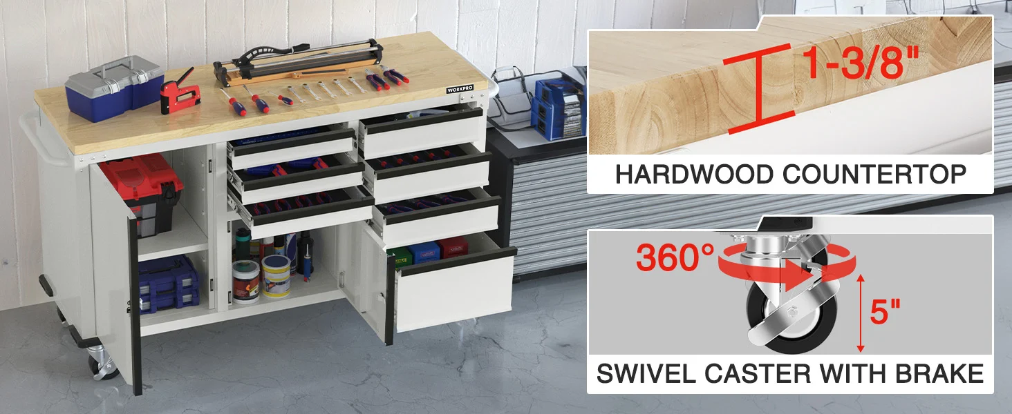 Woodwork workbench with hardwood countertop and swivel caster with brake, showing 1 3 8 inch and 5 inch details