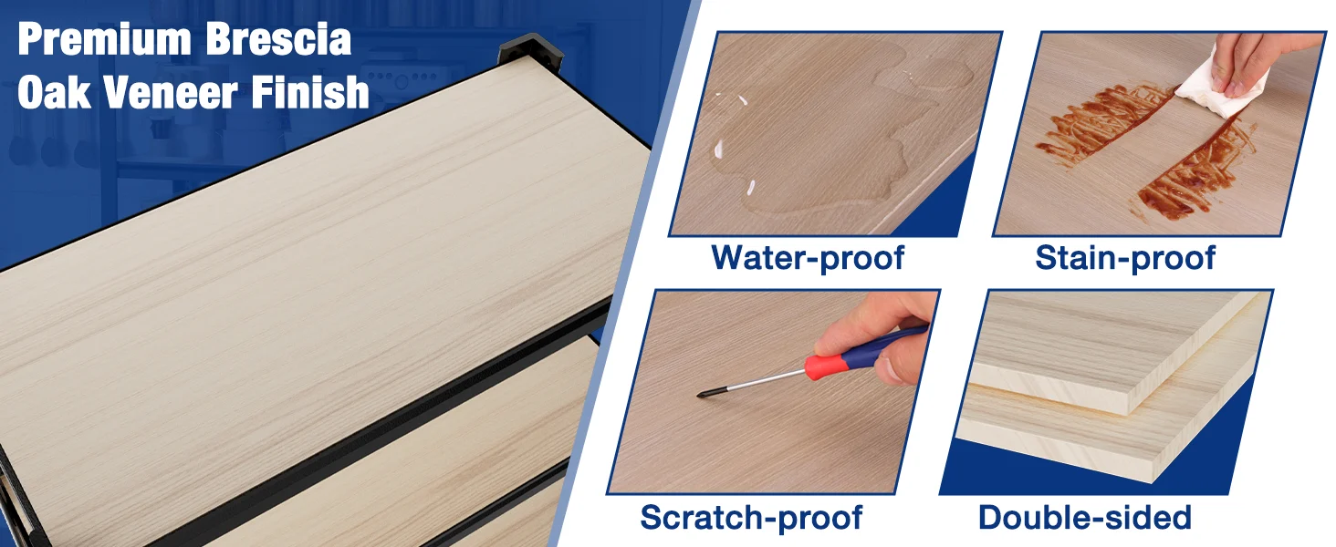 Oak veneer finish board with water proof, stain proof, scratch proof, and double sided features, showing quality innovation