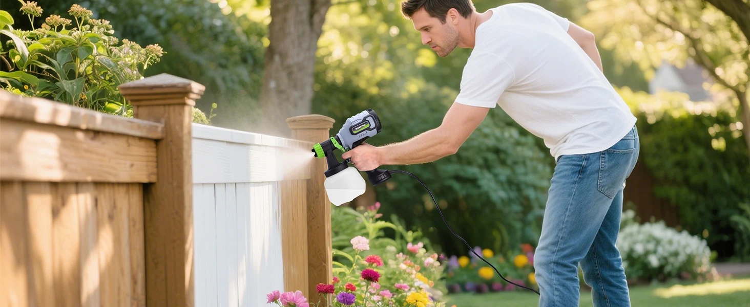 Man using a cordless garden sprayer on a wooden fence, innovation and quality in a secure, durable tool