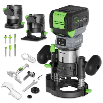 WORKPRO 20V Cordless Compact Router Tool, 6 Variable Speeds up to 30,000RPM Wood Router for Chamfering, Slotting, Trimming, with Multi-Angle Adjustable, Straight, Dual-Handle Base and Multiple Bits