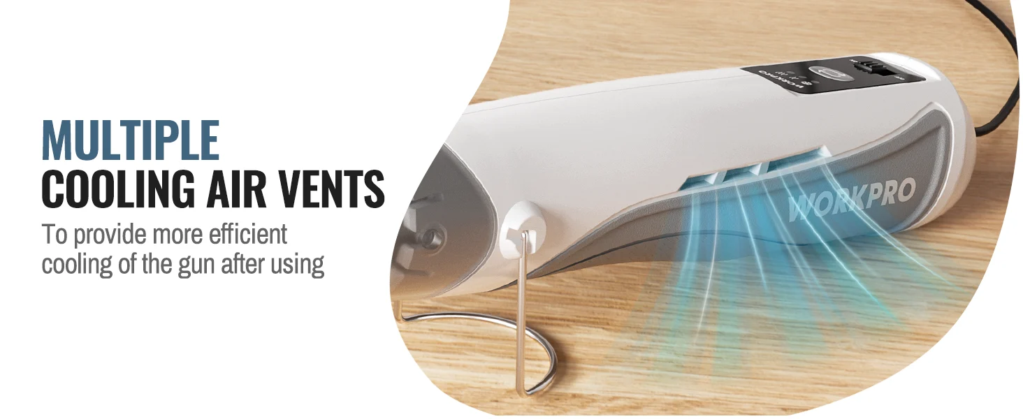 Handheld power tool with cooling air vents, innovation and quality shown by airflow glow on a wooden surface