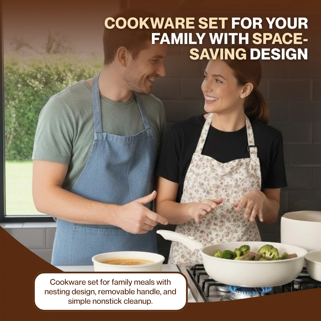 Nonstick Cookware Set with Removable Handle and Transparent Glass Lids