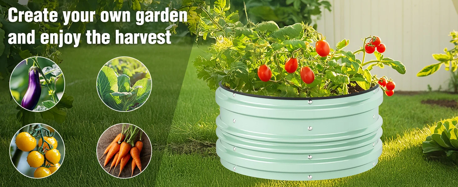 Mint green raised garden planter with ripe tomatoes and eggplant, carrots, and lemons in circular insets