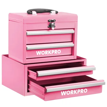 WORKPRO Portable & 12.5" Mini Metal Tool Box, Top Tool Chest Containing Two Drawers - Pink Ribbon