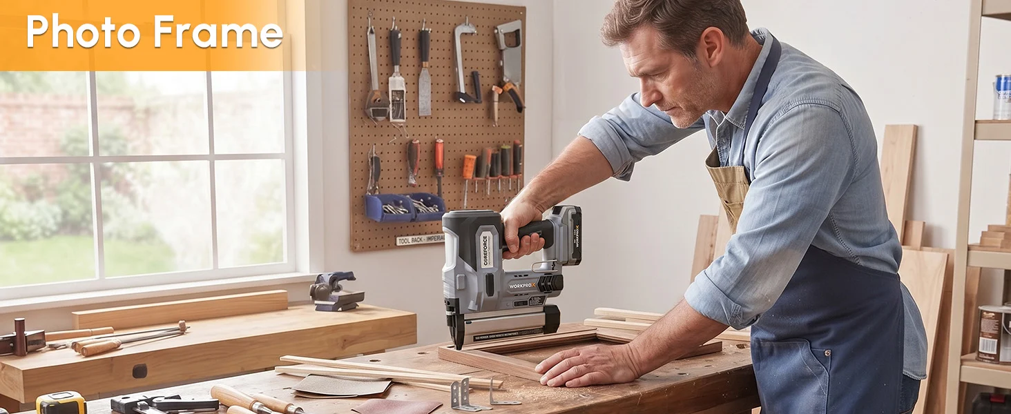 Woodworker using a handheld tool to cut a wooden board on a workbench, with tools on a pegboard wall