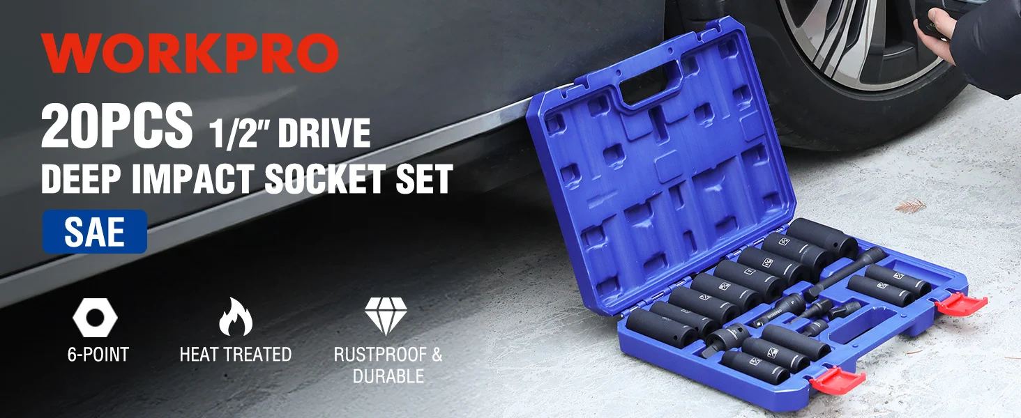 Blue 1 2 drive socket set in a plastic case on concrete, with tools and text showing durable quality