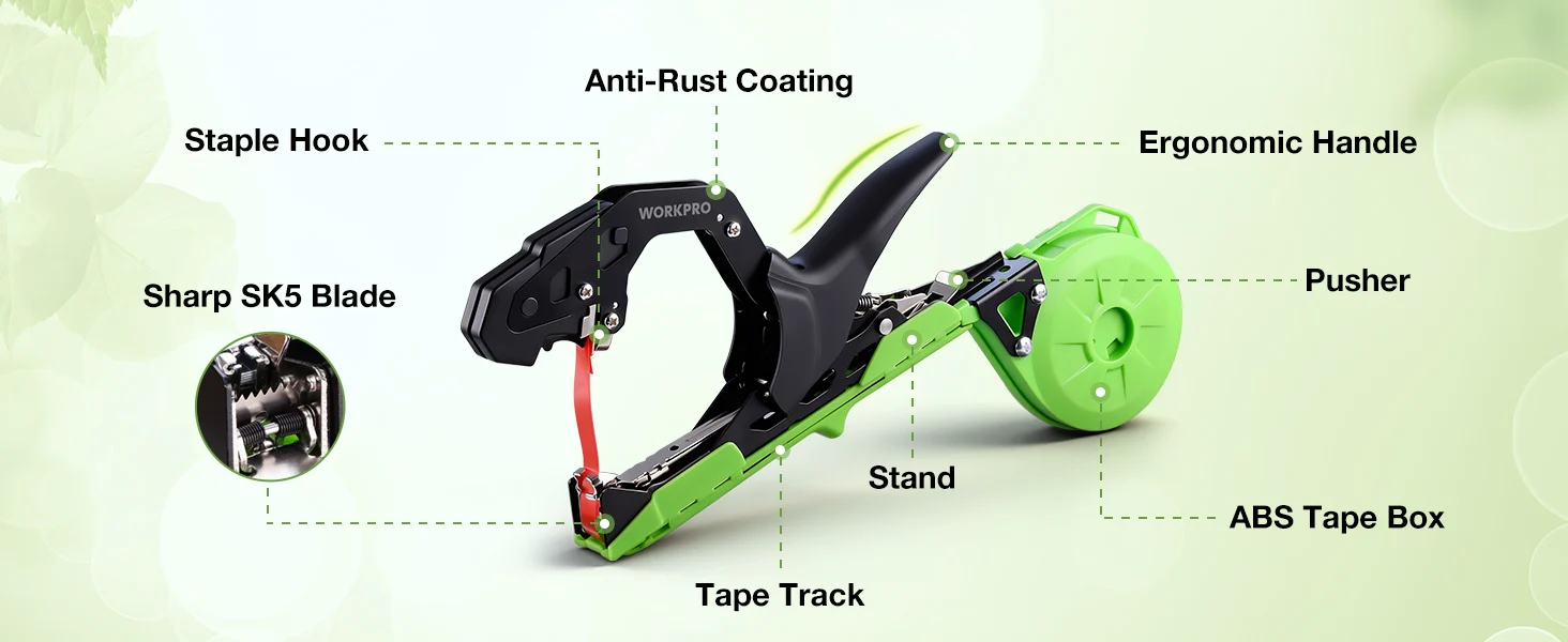 Staple gun diagram with green tape track, ergonomic handle, anti rust coating, and ABS tape box