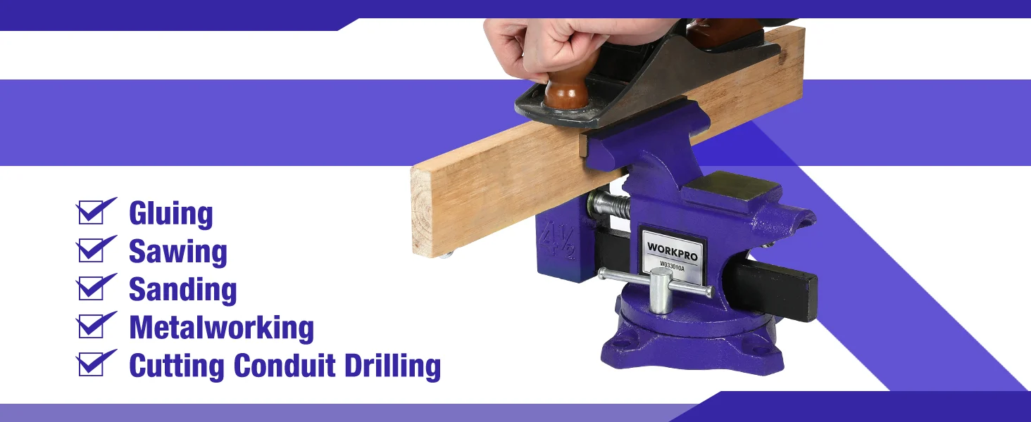 Metalworking bench vise with a wooden clamp block, showing drilling and cutting conduit tasks on a purple background