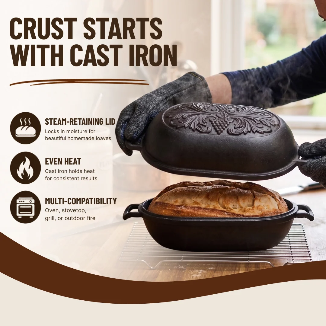 3.3 Quart Cast Iron Loaf Pan with Lid Pre-Seasoned Oval Bread Baker