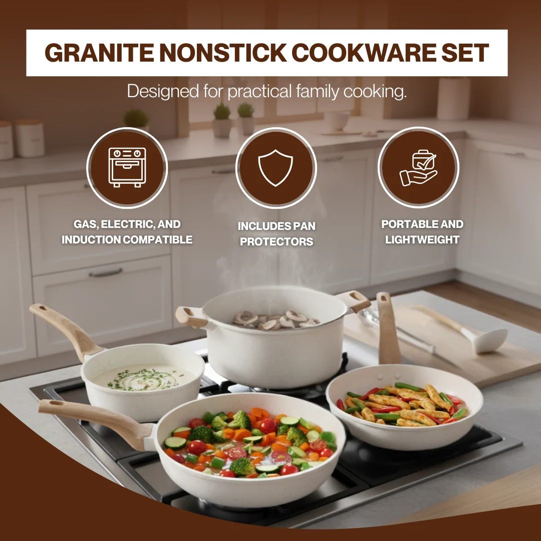 Cream White Granite Nonstick Cookware Set, Multi-Stovetop Compatible