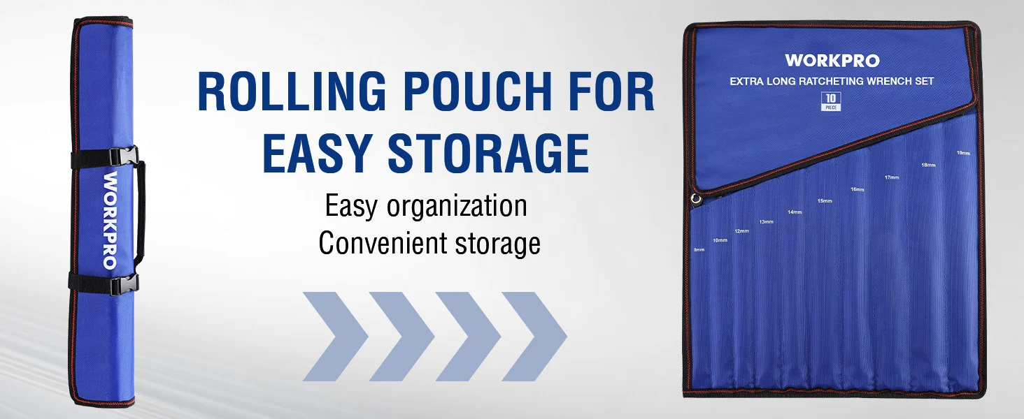 Rolling pouch for easy storage with blue fabric, WORKPRO branding, and labeled wrench set pockets