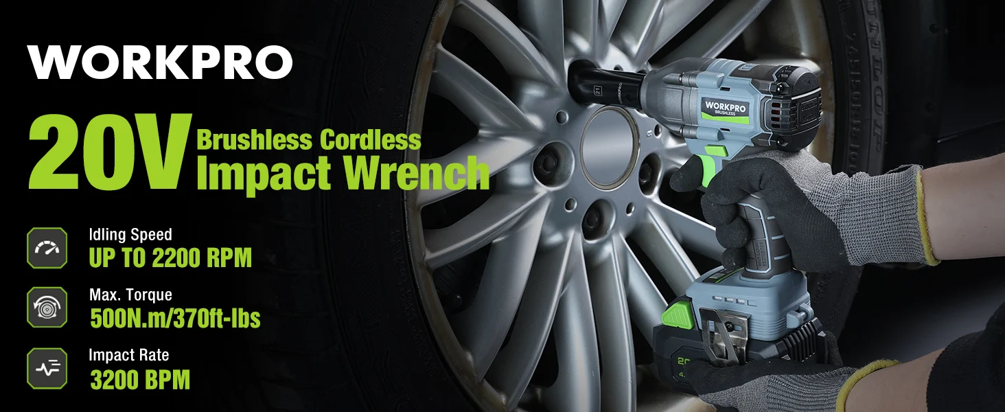 Power impact wrench in gloved hand tightening a wheel, with innovation and quality on a workbench background
