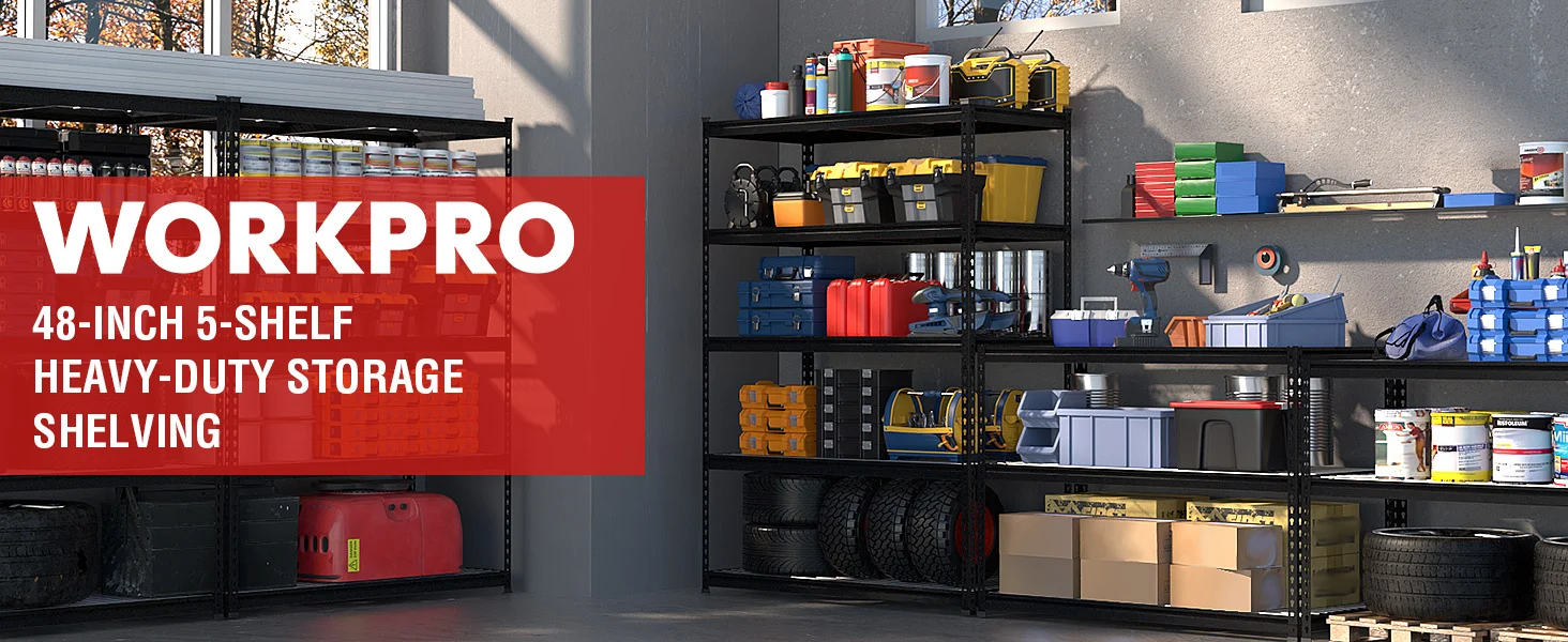 Workpro storage shelving in a garage workshop, with innovation and quality tools on metal racks
