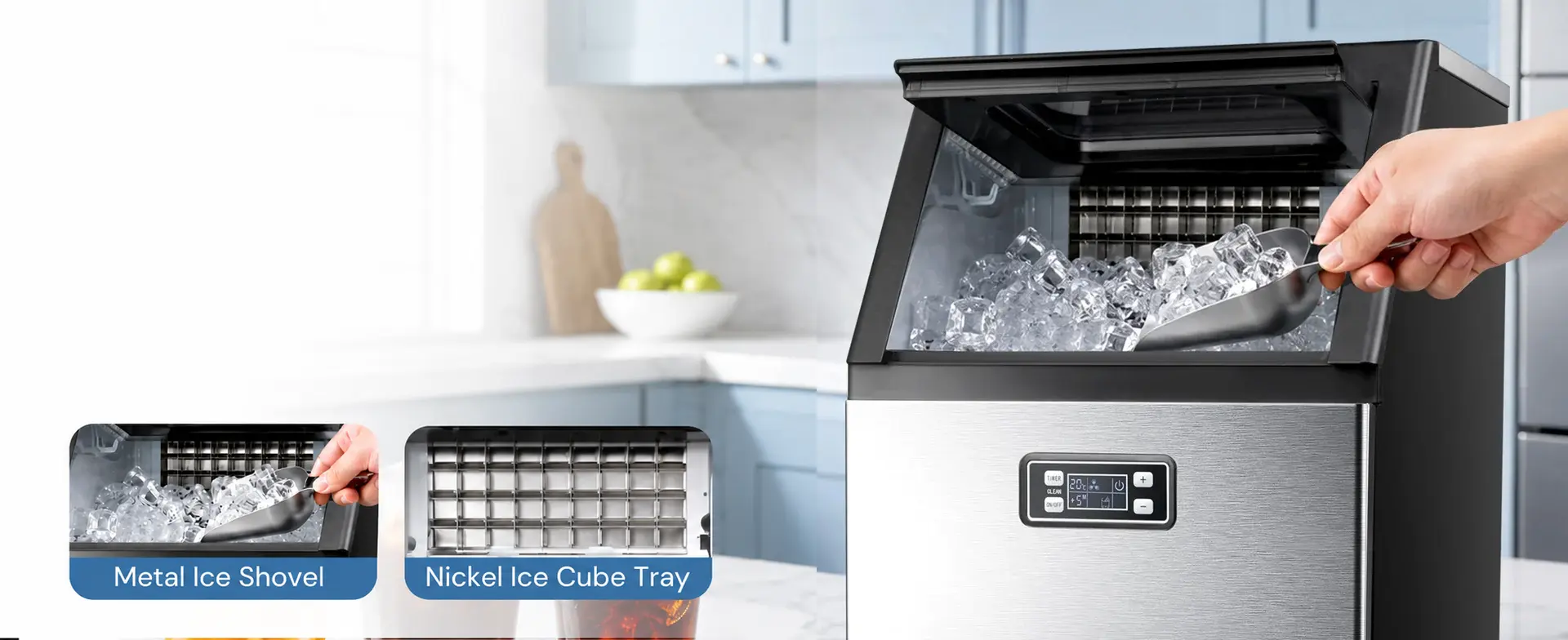 Commercial ice maker with food-grade stainless steel construction